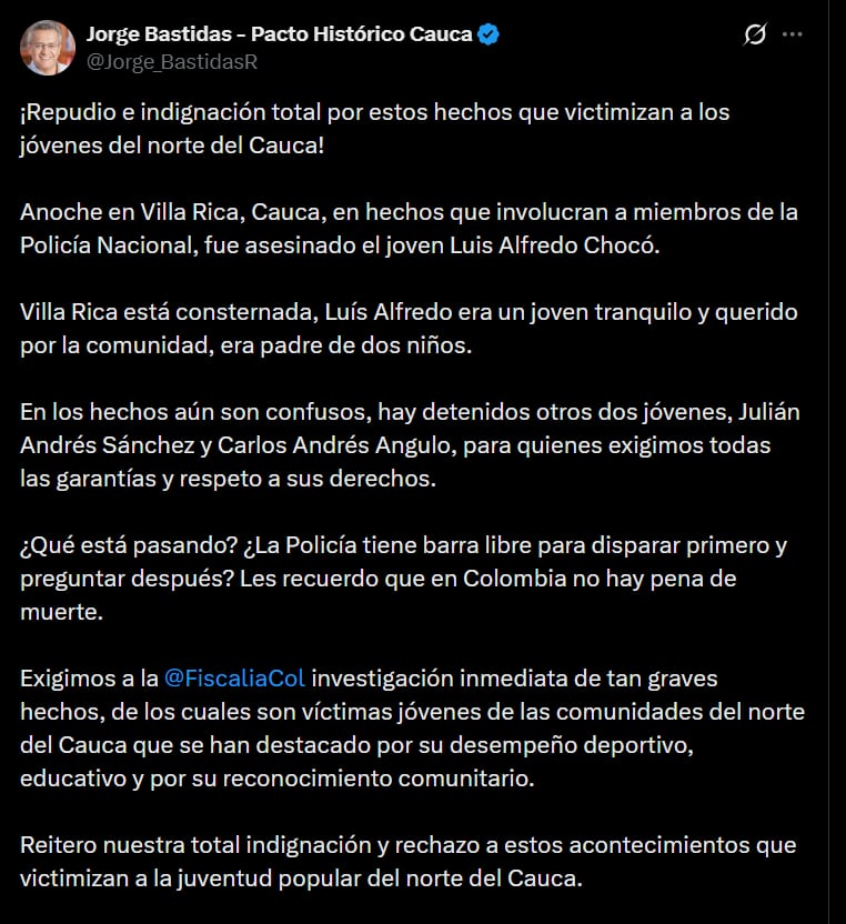 Jorge Bastidas preguntó qué está pasando con los operativos de la Policía Nacional, recordando que en Colombia no existe la pena de muerte- crédito @Jorge_BastidasR/X