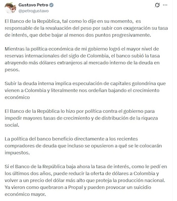 Gustavo Petro, presidente de Colombia, dijo que, si el Banco de la República baja la tasa de interés, puede reducir la oferta de dólares - crédito @PetroGustavo/X