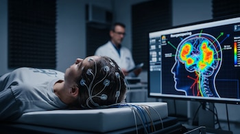 Una persona yace con electrodos conectados a su cabeza en una sala de laboratorio. Un monitor muestra un mapa cerebral coloreado y un técnico observa al fondo.