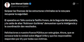 El presidente del Nuevo Liberalismo, Juan Manuel Galán, afirmó que la afectación a las finanzas de grupos ilegales permite recuperar la seguridad - crédito @juanmanuelgalan / X