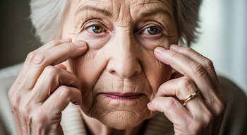 Primer plano del rostro de una mujer mayor con cabello blanco, usando sus dedos para estirar suavemente la piel alrededor de sus ojos, mostrando claramente las arrugas.