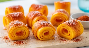 Múltiples rollos de mango color naranja vibrante, espolvoreados con chile en polvo y sal gruesa, sobre una tabla de cortar de madera.