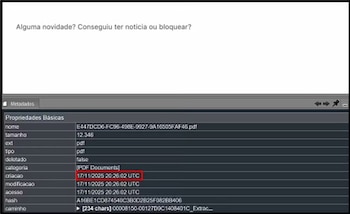 Captura con un texto en portugués en la parte superior y un panel inferior de metadatos de un archivo PDF con un recuadro rojo en la fecha