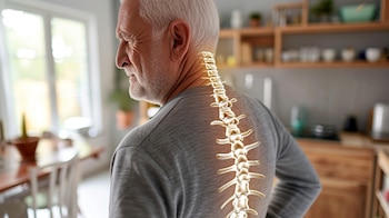 Hombre mayor con dolor de espalda, columna resaltada enfatizando la zona de dolor - (Imagen Ilustrativa Infobae)