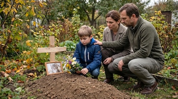 Una familia, compuesta por un niño, una mujer y un hombre, se arrodilla junto a una tumba pequeña con una cruz de madera y la foto de un gatito. El niño sostiene flores.
