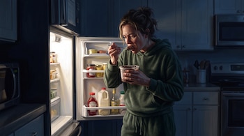 Mujer con sudadera verde come con cuchara frente a un refrigerador abierto e iluminado dentro de una cocina oscura