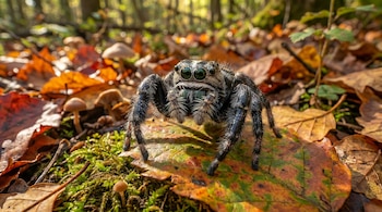 Primer plano de araña saltarina peluda y oscura con ojos verdes brillantes, posada sobre una hoja otoñal. El suelo del bosque muestra musgo y setas.