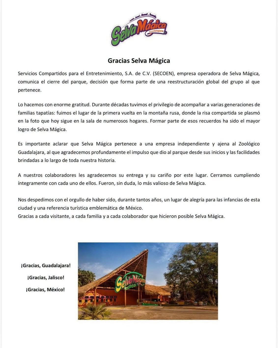 Un comunicado oficial de la empresa SECOEN anuncia el cierre del parque de atracciones Selva Mágica en Guadalajara debido a una reestructuración global. (Selva Mágica)