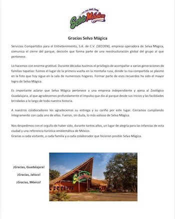 Documento con un texto titulado Gracias Selva Mágica y una fotografía de la fachada del parque de atracciones con el logotipo en la entrada