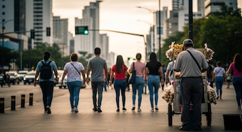 Hombre de espaldas con gorra y delantal atiende un puesto móvil de alimentos. Varios peatones caminan de espaldas. Edificios altos y tráfico vehicular al fondo.