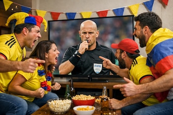 Cuatro hinchas de fútbol con camisetas amarillas gritan y señalan un televisor donde un árbitro con silbato aparece en primer plano, con comida y bebidas.