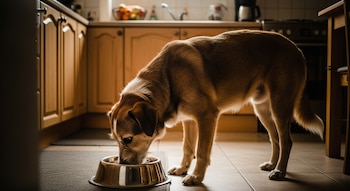 Un perro de tamaño mediano, con pelaje marrón y blanco, se inclina para comer de un cuenco metálico en el suelo de una cocina con muebles de madera clara.