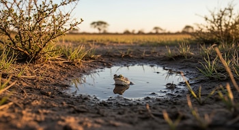 Rana de Budgett en charco, ojos visibles. Rodeada de tierra y hierba. Fondo con paisaje abierto, arbustos dispersos y cielo claro de atardecer.
