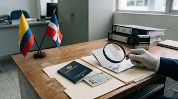 Escritorio de oficina con pasaporte colombiano, cédula, pasaporte dominicano y banderas de Colombia y República Dominicana. Una mano enguantada con lupa examina los documentos.