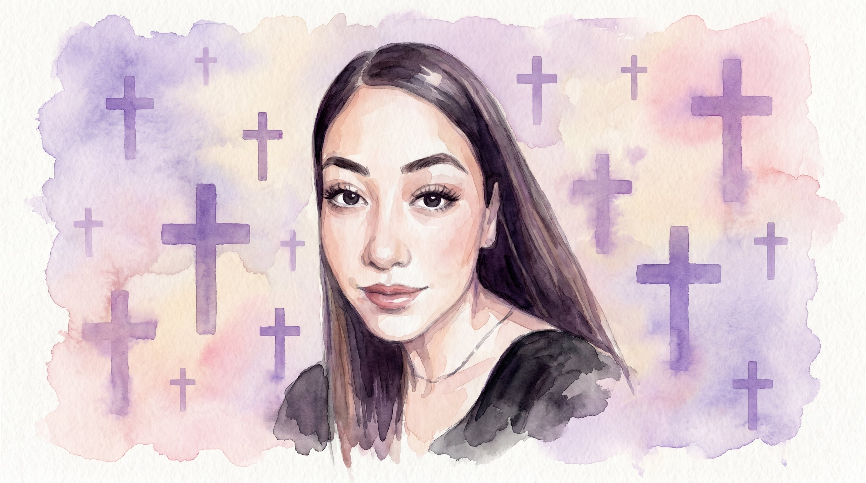 Retrato en acuarela de Cielo Beanjy López Cortés, una mujer joven con expresión serena, sobre un fondo lavanda y crema con cruces moradas difuminadas. (Imagen Ilustrativa Infobae)