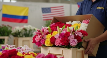 Una persona sostiene una caja con rosas, claveles y lirios de colores vibrantes. Banderas de Colombia y EE. UU. se ven desenfocadas en el fondo.