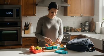 Una mujer de cabello oscuro, vestida con un suéter gris, prepara una vianda con sándwich y frutas en una cocina moderna. El microondas muestra las 6:45 AM.