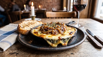 Queso provoleta fundido con cebollas caramelizadas en una sartén de hierro, pan tostado, cubiertos y copa de vino sobre una mesa.