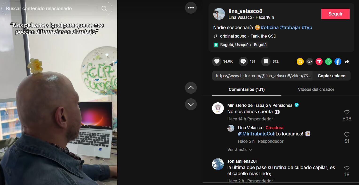 Los usuarios se mostraron desconcertados y divertidos por la participación del Ministerio del Trabajo en videos virales de TikTok - crédito @lina_velasco8/TikTok