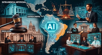 Collage que muestra el mapa de Sudamérica con un chip AI central, rodeado de escenas judiciales, jueces, balanzas y representaciones digitales de leyes.