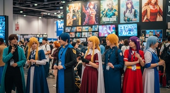 Grupo de jóvenes con disfraces coloridos de personajes de anime y videojuegos en una convención, fondo con carteles y luces.