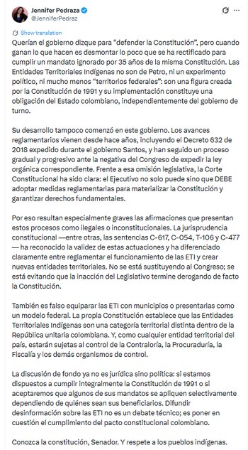 Pedraza sostuvo que la Corte Constitucional ha respaldado la facultad del Ejecutivo para reglamentar las Entidades Territoriales Indígenas ante la falta de una ley orgánica expedida por el Congreso - crédito @JenniferPedraz/X