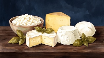 Un cuenco con queso cottage, un camembert cortado, queso cheddar, ricotta, mozzarella y hojas de albahaca sobre una tabla de madera.