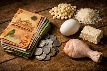 Fajo de billetes córdobas nicaragüenses y monedas junto a montones de maíz y arroz, un huevo, un trozo de queso y un muslo de pollo, sobre una mesa rústica.