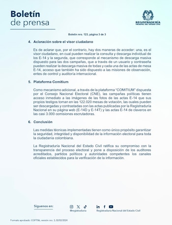 Otro de los puntos abordados por la Registraduría fue la referencia al “consecutivo” mencionada por Petro. La entidad señaló que en la elección actual solo se escruta una corporación, por lo que todas las actas corresponden a la categoría de Presidente - crédito @Registraduria/X
