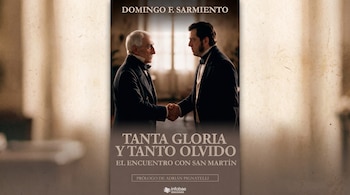Portada de libro que muestra a Domingo F. Sarmiento y a José de San Martín representados por dos hombres de época que se dan la mano.