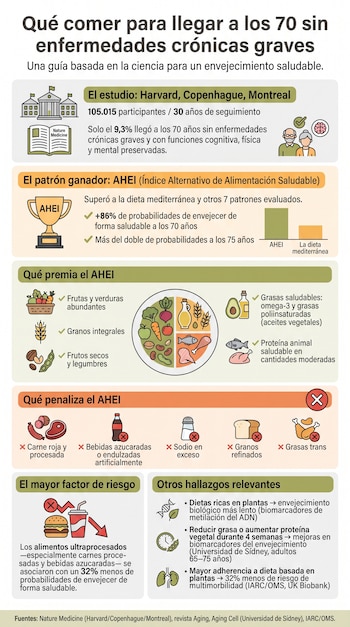 Infografía con título sobre alimentación y envejecimiento saludable, texto y numerosos iconos que representan un estudio, un índice alimentario, alimentos y riesgos.