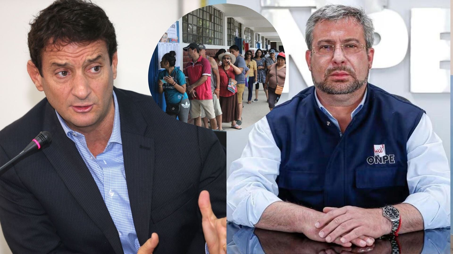 Renzo Reggiardo exige la salida de Piero Corvetto de la ONPE por las demoras en la instalación de mesas en las Elecciones 2026 en Lima, mientras votantes hacen fila en la imagen. (Infobae)