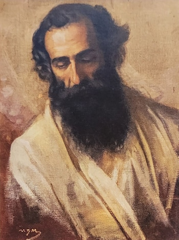 Pintura al óleo de un hombre con pelo oscuro y barba tupida, vestido con una túnica clara, con la cabeza inclinada y los ojos mirando hacia abajo