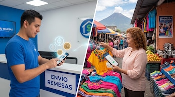 Un hombre usa un teléfono junto a un letrero de envío de remesas y una mujer paga ropa en un mercado al aire libre con un teléfono y billetes.