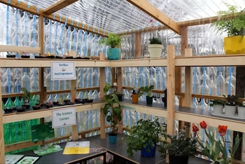 Invernadero de madera con paredes de botellas de plástico. El interior tiene estantes con macetas, plantas y carteles
