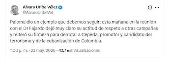Álvaro Uribe Vélez destacó el encuentro entre Paloma Valencia y Sergio Fajardo - crédito @AlvaroUribeVel/X