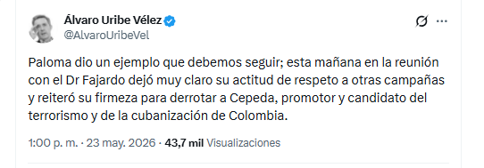 Álvaro Uribe Vélez destacó el encuentro entre Paloma Valencia y Sergio Fajardo - crédito @AlvaroUribeVel/X
