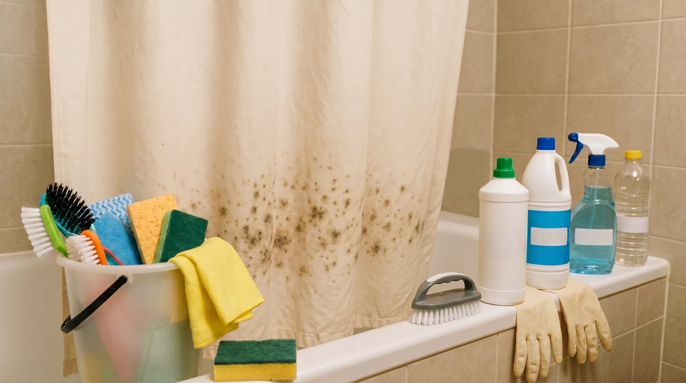 Una cortina de ducha con moho oscuro cuelga sobre una bañera, rodeada de diversos productos y herramientas de limpieza listos para la tarea de desinfección. (Imagen Ilustrativa Infobae)