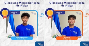 José Ángel Sevillano Cruz y Jonathan Emmanuel Berríos Orellana ganaron las medallas de oro de El Salvador en la Olimpiada Mesoamericana de Física 2026. (Foto cortesía Programa Jóvenes Talento de El Salvador)