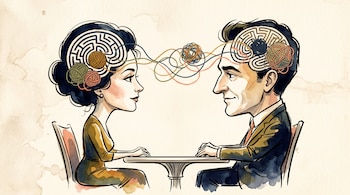 Ilustración de una mujer y un hombre sentados frente a frente con laberintos u ovillos en la cabeza conectados por hilos.
