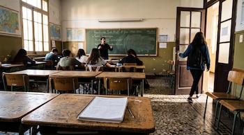 Pupitres de madera en un aula con alumnos sentados, un profesor ante el pizarrón verde y una estudiante entrando por la puerta abierta.