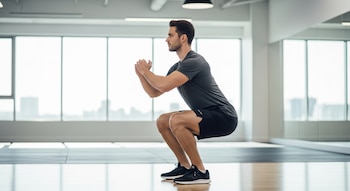 Hombre joven de perfil, realizando una sentadilla sin peso en un gimnasio moderno y bien iluminado, con grandes ventanales de fondo.