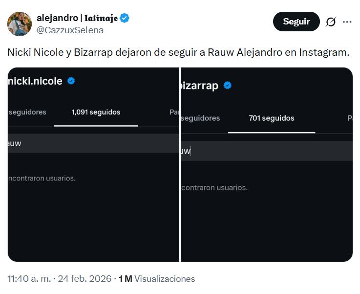 Nicki Nicole y Bizarrap dejaron de seguir a Rauw Alejandro en Instagram, mientras Emilia Mernes dejó de seguir a Jhayco, Rauw y Tainy