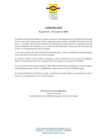 Entre los fallecidos en el operativo realizado por las Fuerzas Militares y la Policía Nacional figura un menor de 17 años, según el informe oficial - crédito @MedLegalColombi / X