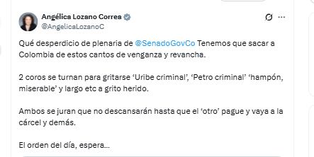 Angélica Lozano criticó a la plenaria del Senado por momentos de tensión que se vivieron por absolución de Álvaro Uribe - crédito @AngelicaLozanoC/X