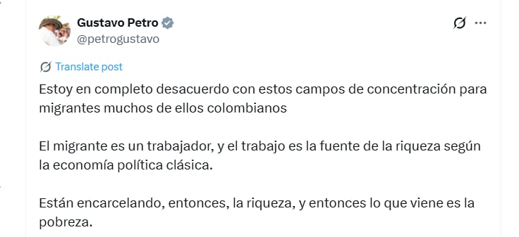 El presidente Gustavo Petro manifestó su rechazo a la apertura de un nuevo centro de detención para migrantes en Florida, comparándolo con un campo de concentración - crédito @petrogustavo/X