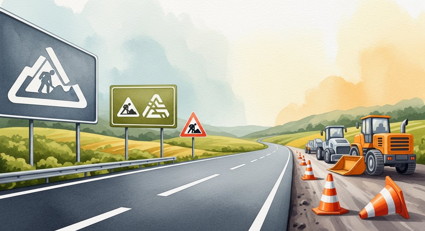 Las licitaciones en obras públicas suelen ser uno de los ejemplos de corrupción más extendidos.
Ilustración de acuarela que representa una carretera moderna serpenteando entre campos, con señales de obra y maquinaria vial a un lado, simbolizando el progreso de la infraestructura pública. (Imagen Ilustrativa Infobae)