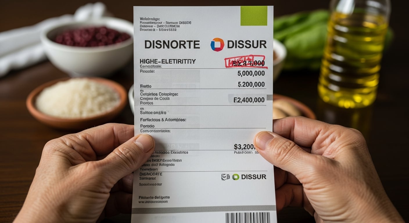 Unas manos de adulto mayor sostienen un recibo de electricidad de Disnorte y Dissur con cifras elevadas, mientras alimentos básicos se desenfocan al fondo, evidenciando el dilema entre pagar la luz o comprar comida. (Imagen Ilustrativa Infobae)