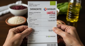 Primer plano de manos de adulto mayor sosteniendo un recibo de electricidad de Disnorte y Dissur con cifras en rojo. Al fondo, desenfocados, se ven arroz, frijoles y una botella de aceite.