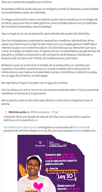 Gustavo Petro advirtió sobre manipulación social y critica políticas que afectan la educación pública - crédito @petrogustavo/X